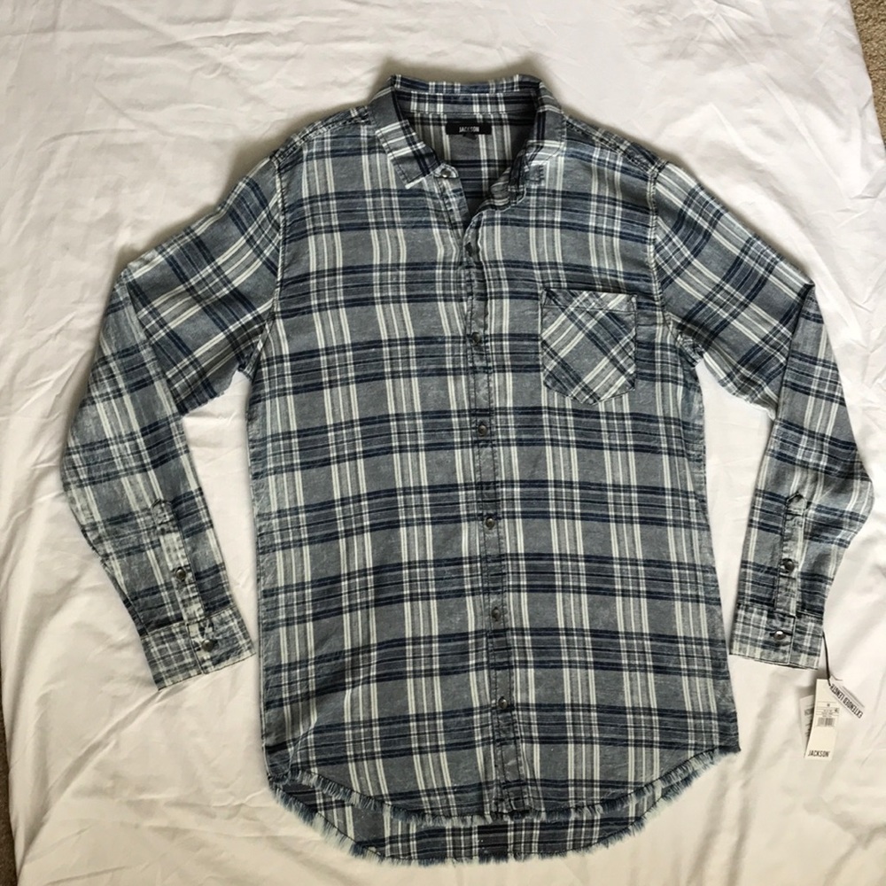 Blue Distressed Longline Long Sleeve Button Down